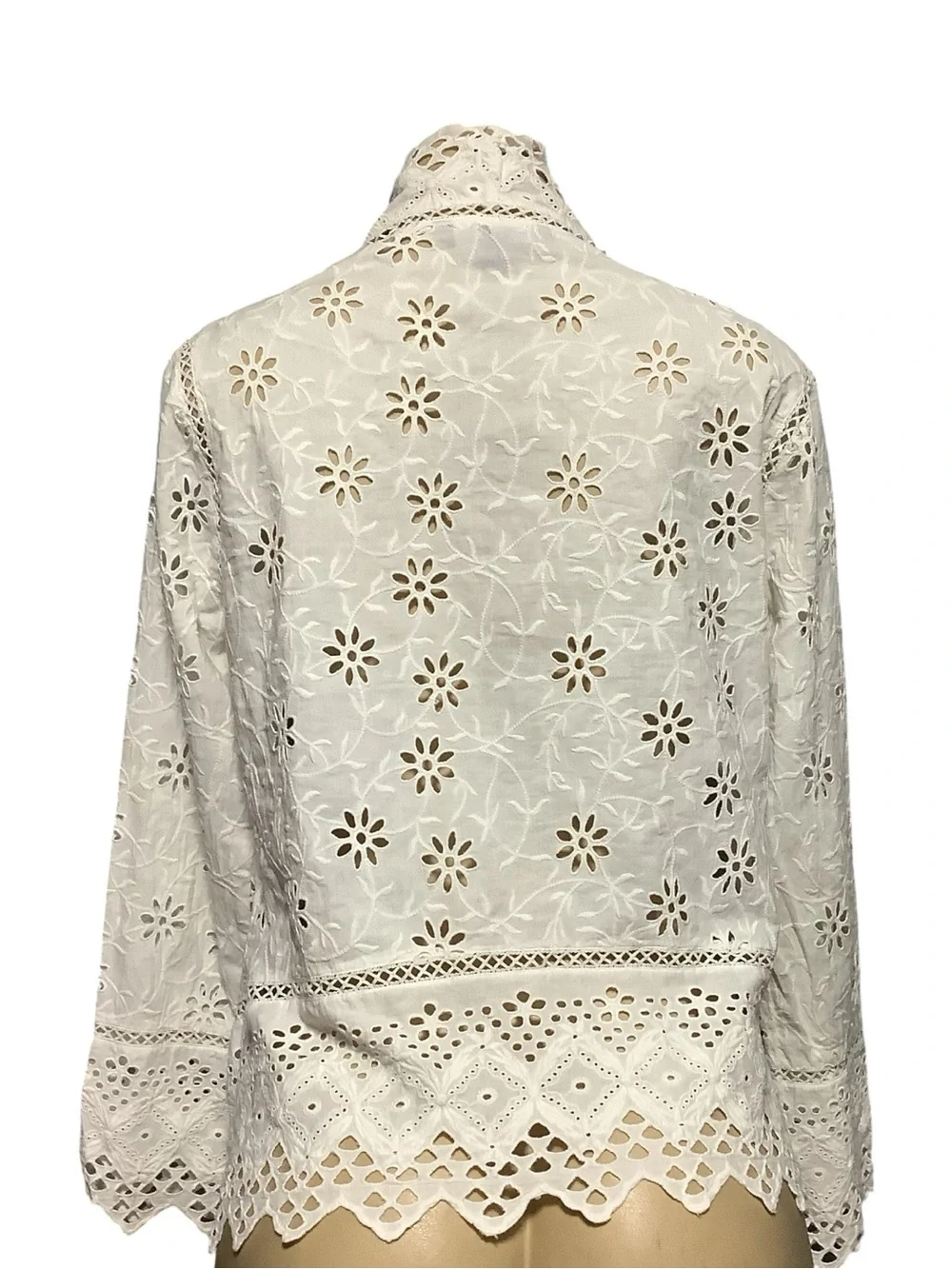 Lauren Ralph Lauren White Lace Eyelet Embroidered Open-Front Jacket Size PM